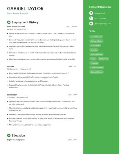 Solar Power Installer Resume