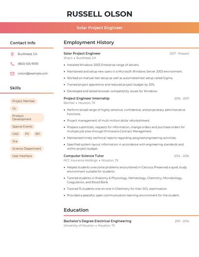 Solar Project Engineer Resume