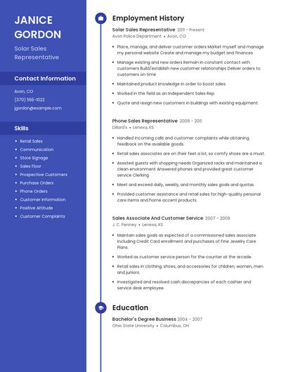 Solar Sales Representative Resume