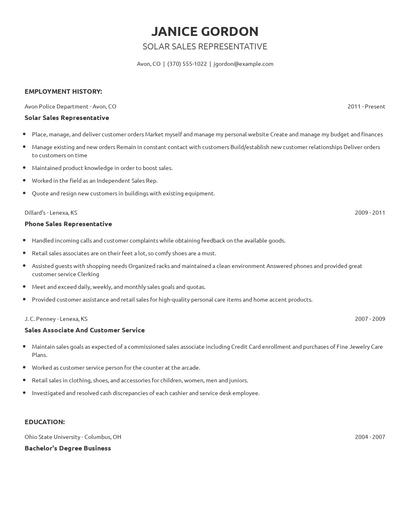 Solar Sales Representative Resume