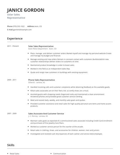 Solar Sales Representative Resume
