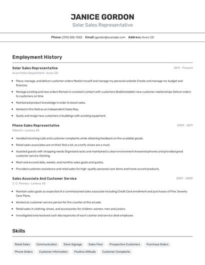 Solar Sales Representative Resume
