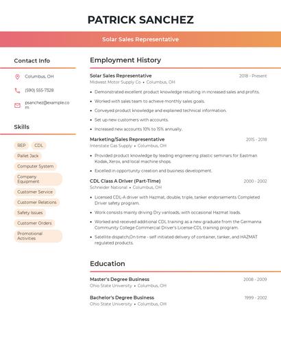 Solar Sales Representative Resume