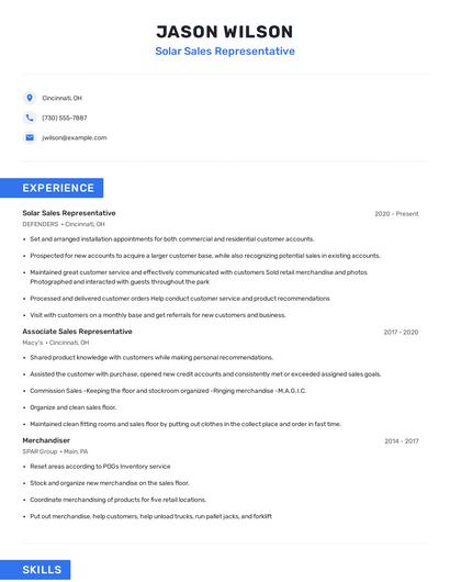 Solar Sales Representative Resume