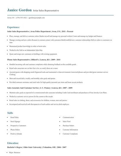 Solar Sales Representative Resume