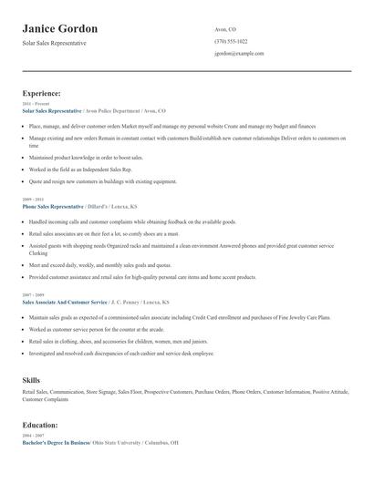 Solar Sales Representative Resume
