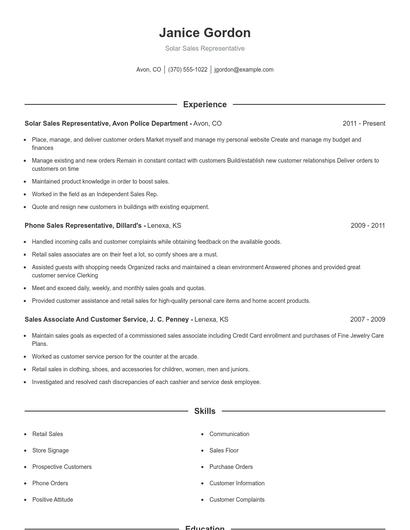 Solar Sales Representative Resume