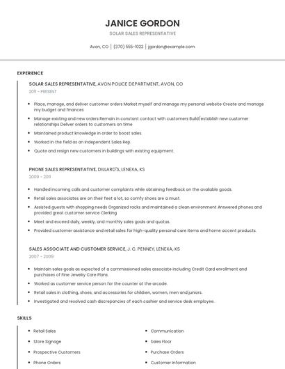 Solar Sales Representative Resume