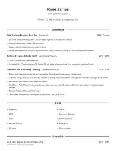 Solar Systems Designer Resume