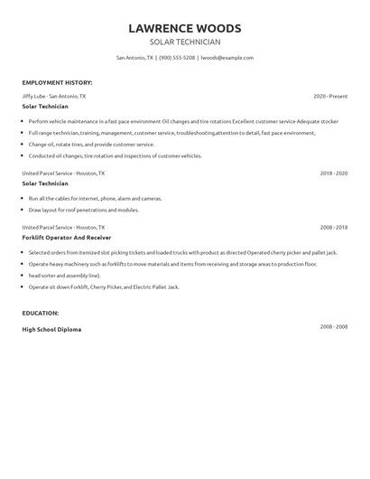 Solar Technician Resume
