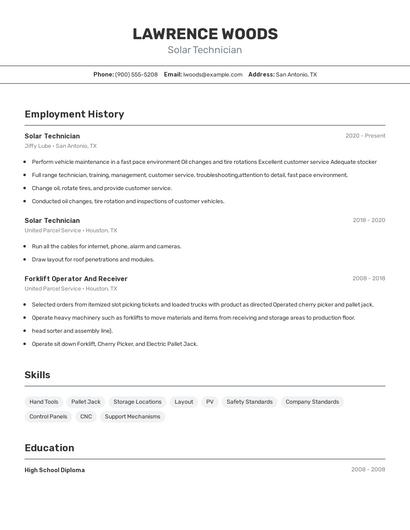 Solar Technician Resume