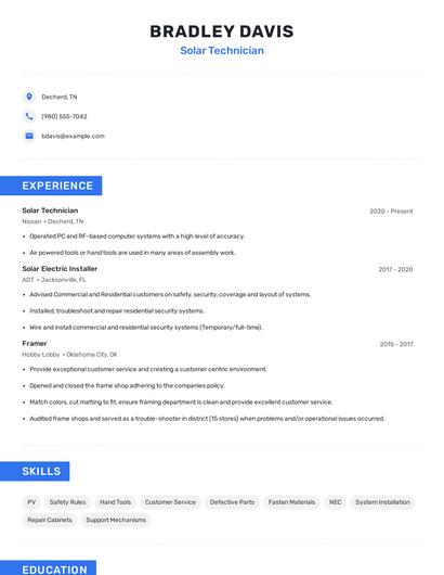 Solar Technician Resume