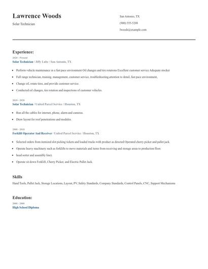 Solar Technician Resume