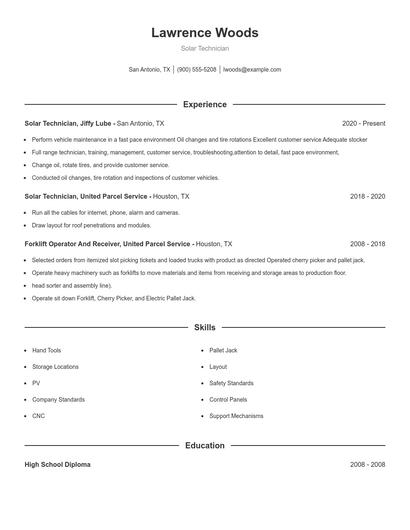 Solar Technician Resume