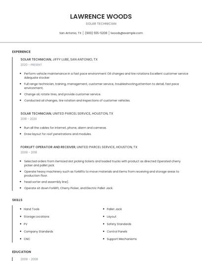Solar Technician Resume