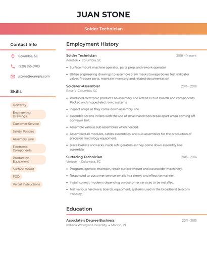 Solder Technician Resume
