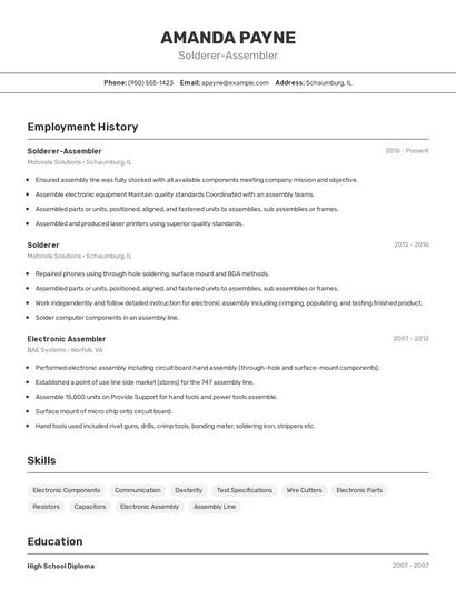 Solderer-Assembler Resume