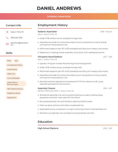 Solderer-Assembler Resume