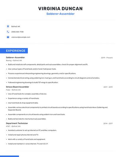 Solderer-Assembler Resume