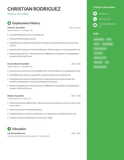 Solderer-Assembler Resume