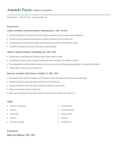 Solderer-Assembler Resume