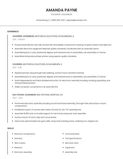 Solderer-Assembler Resume