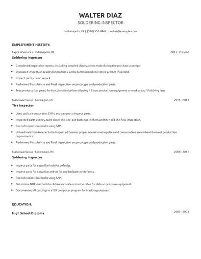 Soldering Inspector Resume