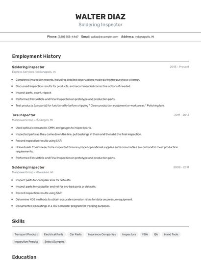 Soldering Inspector Resume