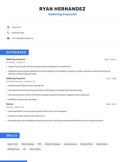 Soldering Inspector Resume