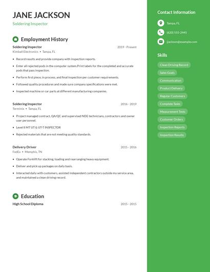 Soldering Inspector Resume