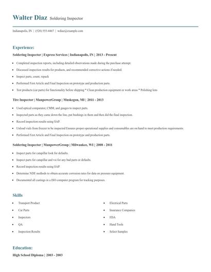 Soldering Inspector Resume