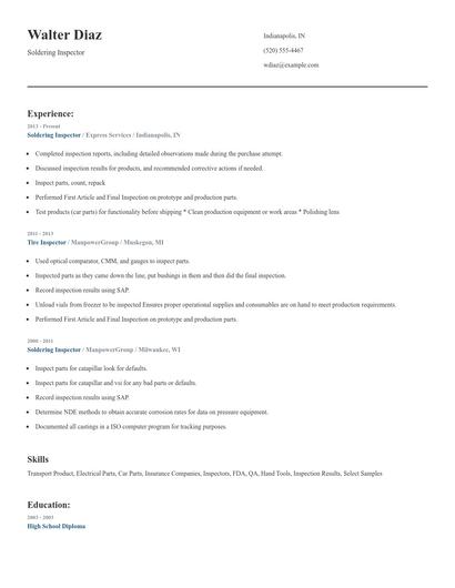 Soldering Inspector Resume