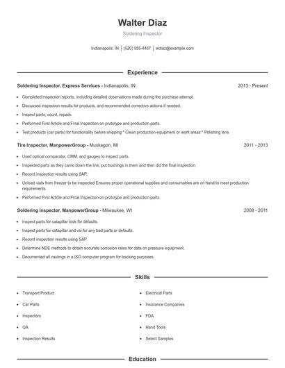 Soldering Inspector Resume