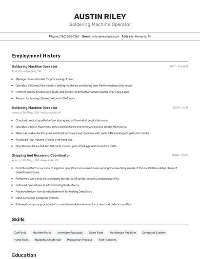 Soldering Machine Operator Resume