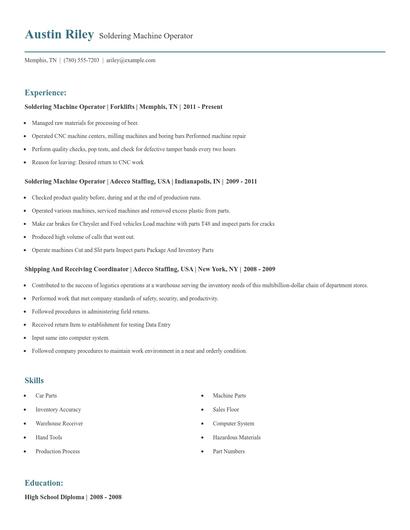 Soldering Machine Operator Resume