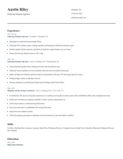Soldering Machine Operator Resume
