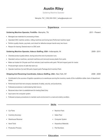 Soldering Machine Operator Resume
