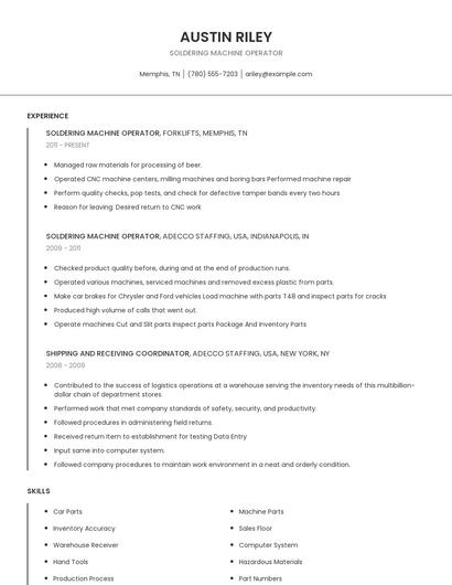 Soldering Machine Operator Resume