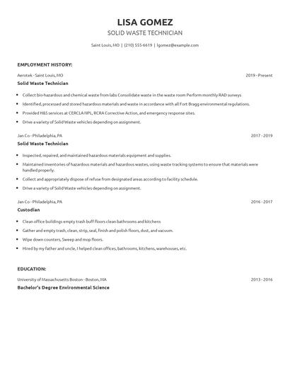 Solid Waste Technician Resume