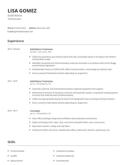 Solid Waste Technician Resume