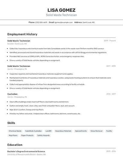 Solid Waste Technician Resume