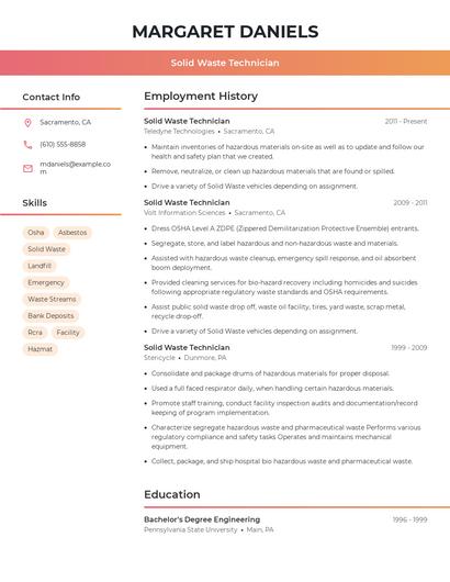 Solid Waste Technician Resume