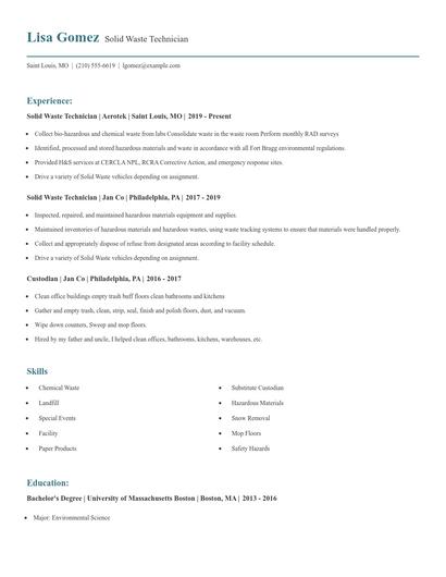 Solid Waste Technician Resume