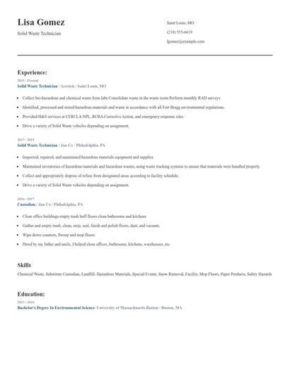 Solid Waste Technician Resume