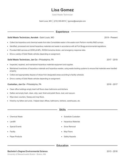 Solid Waste Technician Resume