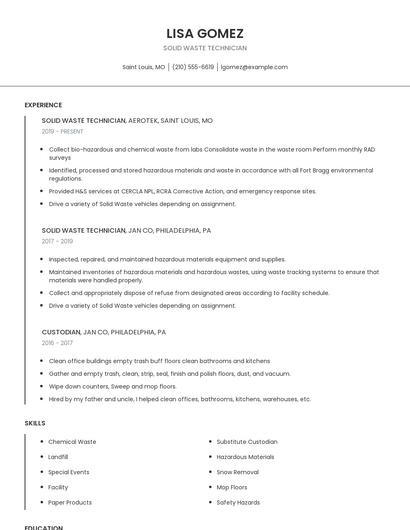 Solid Waste Technician Resume