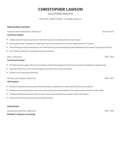 Solutions Analyst Resume