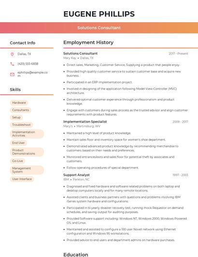 Solutions Consultant Resume