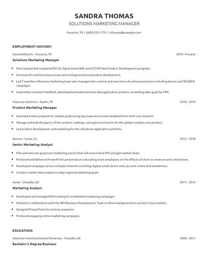 Solutions Marketing Manager Resume