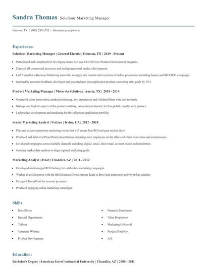 Solutions Marketing Manager Resume